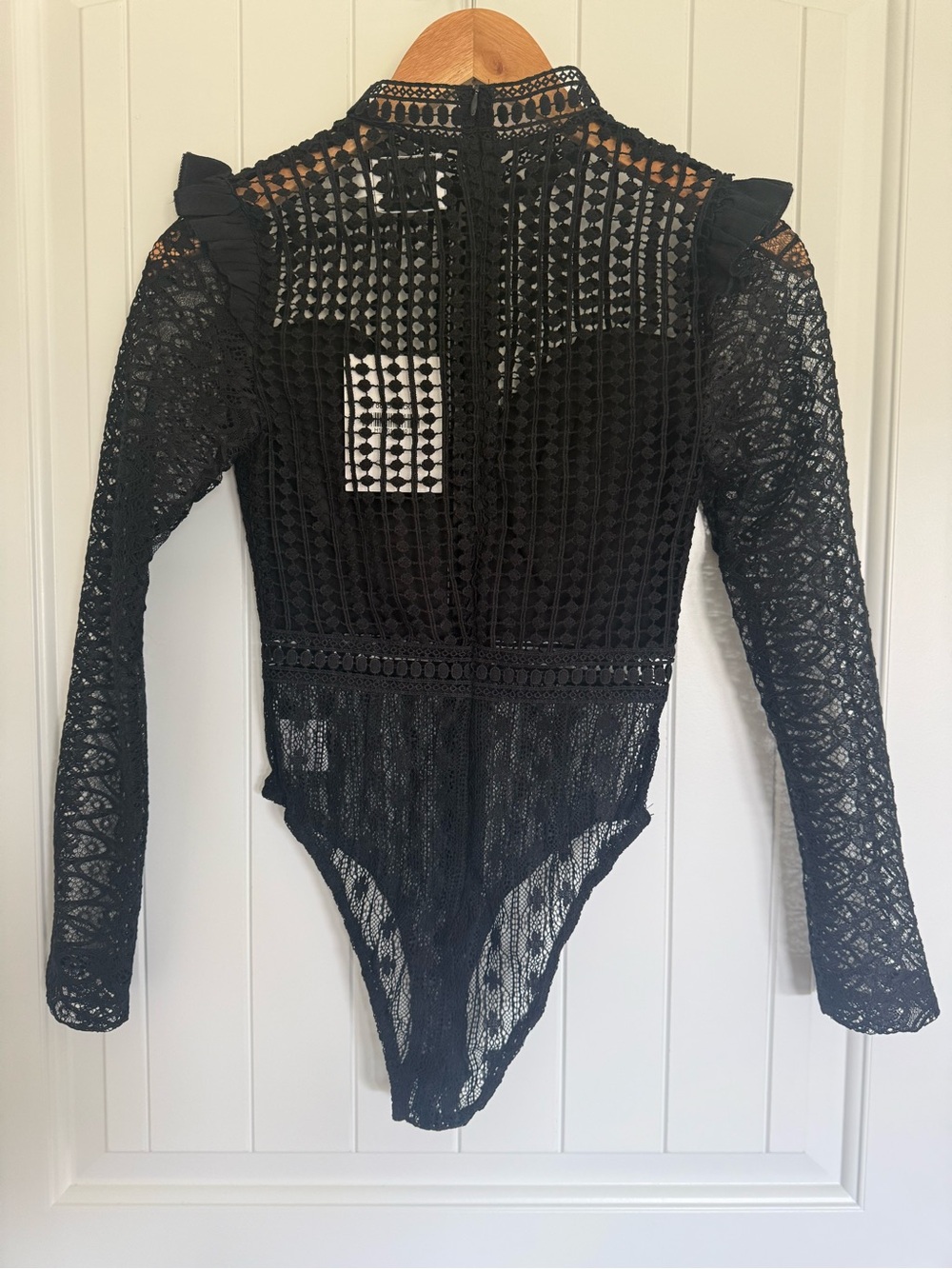 NWT Hello Molly Black Lace Long Sleeve Bodysuit Not That Easy Ruffle Mock Neck 2 - Picture 5 of 9